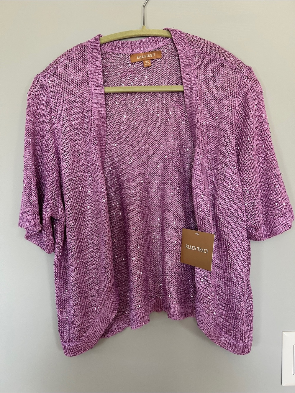 Ellen Tracy Lilac Sequin Open-Front Short Sleeve Cardigan